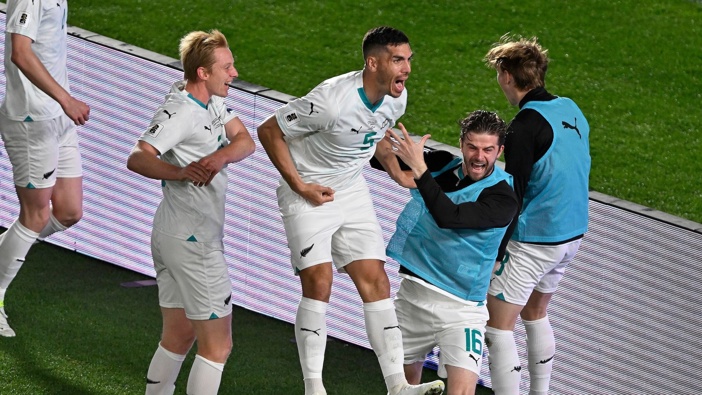 Michael Boxall celebrates after he scored the opening goal against New Caledonia in the Fifa World Cup 2026 OFC Qualifiers final. Photo / Photosport