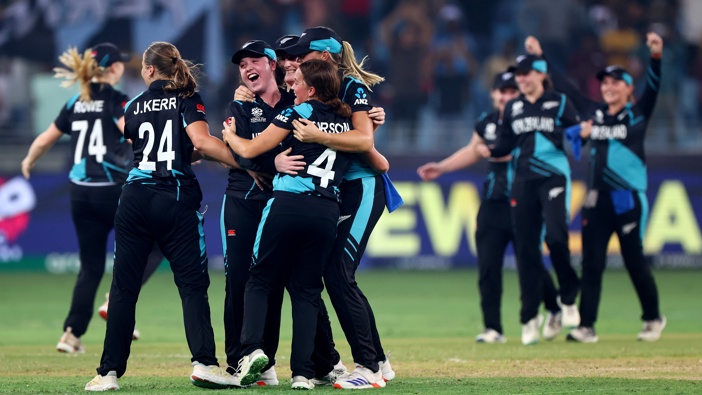 Players of New Zealand celebrate victory after defeating South Africa during the ICC Women's T20 World Cup Final 2024 match between South Africa and New Zealand at Dubai International Stadium on October 20, 2024 in Dubai, United Arab Emirates. (Photo by Francois Nel/Getty Images)
