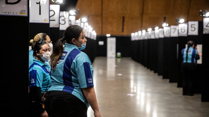 Security at the weekend's mass vaccination at Vodafone Events Centre in Manukau. (Photo / NZ Herald)