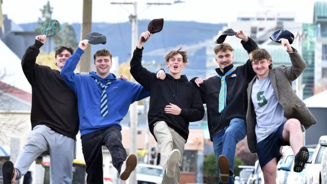 Ready for the Hyde St party are (from left): Charlie Gordon, Archie Anderson, Luke Robinson, Daniel Griebel and Drew Sporke. Photo / Peter McIntosh