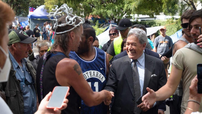 Winston Peters visits protesters at Parliament. Photo / RNZ