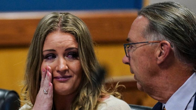 Jenna Ellis with her lawyer Franklin Hogue after Ellis pleaded guilty to aiding and abetting false statements and writings, during Trump's election loss. Photo / AP