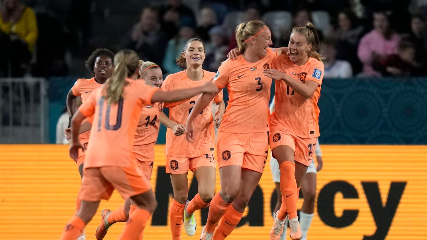 Netherlands' Stefanie Van der Gragt, second right, celebrates with teammates after scoring. Photo / AP