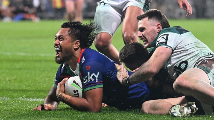 Adam Pompey of the Warriors celebrates as he scores a try during the round eight NRL match between New Zealand Warriors and Newcastle Knights at Apollo Projects Stadium, on April 25, 2025, in Christchurch, New Zealand. (Photo by Joe Allison/Getty Images)