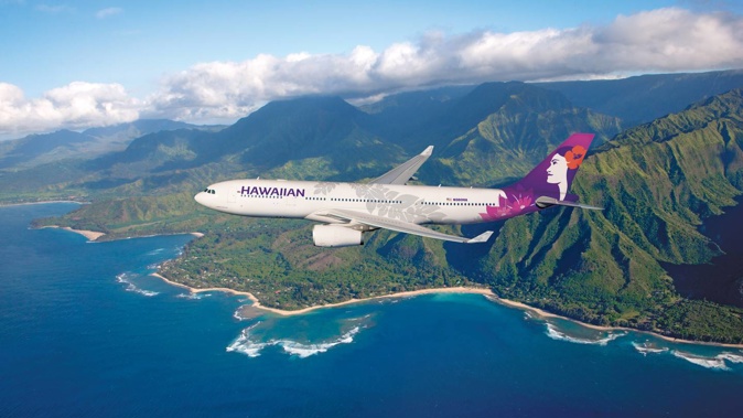 A Hawiian Airlines Airbus A330 flying near the islands. Photo / Supplied