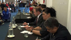 Minister of Treaty Negotiations Andrew Little and Maori Development Minister Nanaia Mahuta at an open hui for Ngapuhi. Photo / Maori Television
