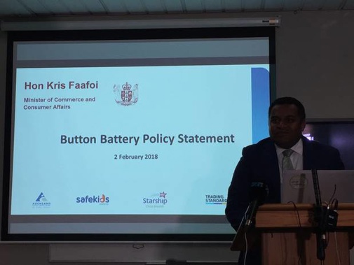 Kris Faafoi announcing his policy statement at Starship Childrens Hospital on button batteries. (Photo/ NZ Herald)