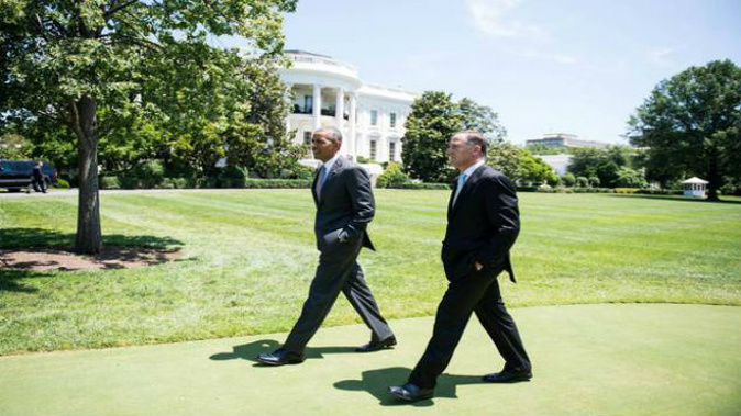 Barack Obama and former Prime Minister John Key seen here together outside the White House grounds are expected to play golf again when Obama visits New Zealand in March. (Photo: NZ Herald)