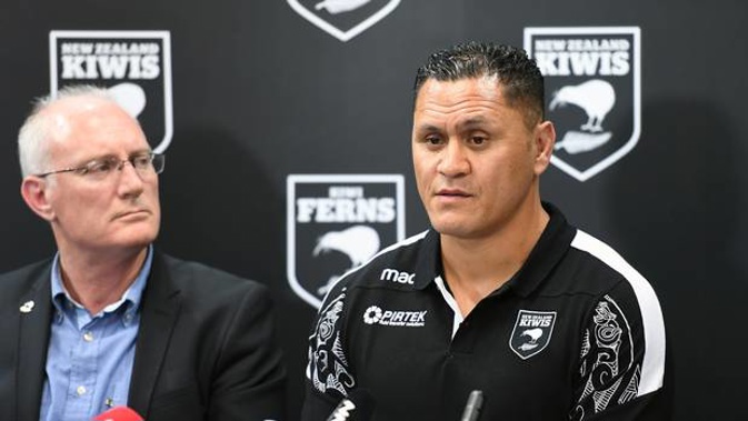 David Kidwell, right, during a Rugby League World Cup press conference as NZRL CEO Alex Hayton looks on. (Photo / Photosport)