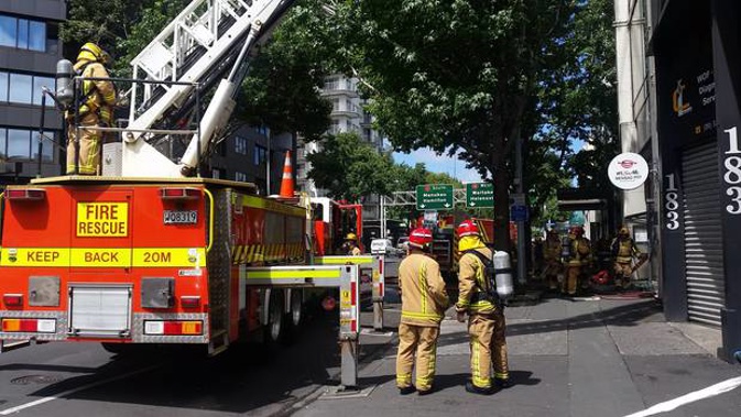 Fire trucks at the scene in Hobson St. (Photo / Laura Tupou)
