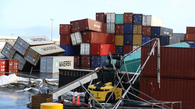 Numerous shipping containers have collapsed at a Ports of Auckland facility on Wiri Station Rd, Wiri, South Auckland. (Photo / Hayden Woodward)