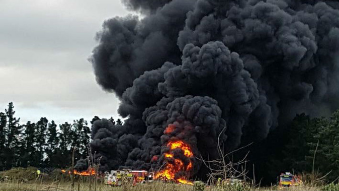 The tyre fire has been burning in Canterbury since Monday. (Photo / Leanne Ellis)