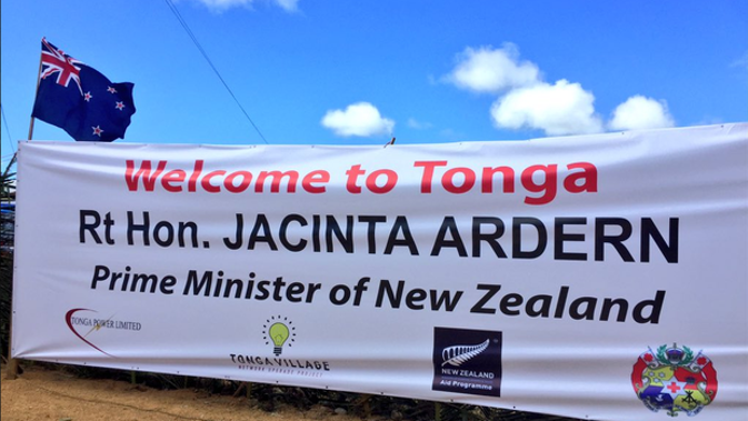 A banner in Tonga welcomes Prime Minister 'Jacinta' Ardern. (Photo / Gia Garrick)