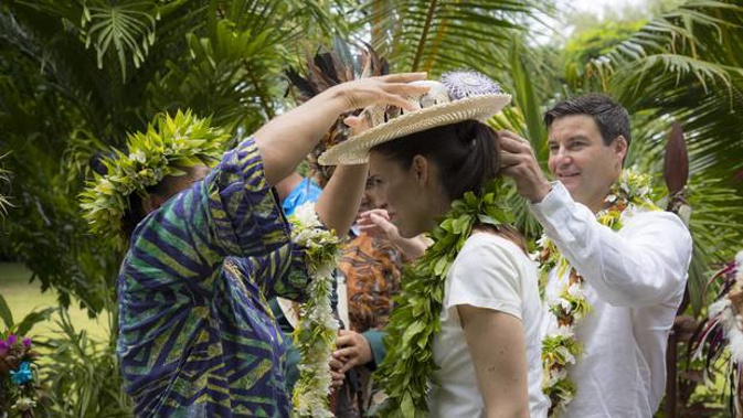 Prime Minister Jacinda Ardern, with her partner Clarke Gayford, is welcomed at House of Ariki. (Photo / Michael Craig)
