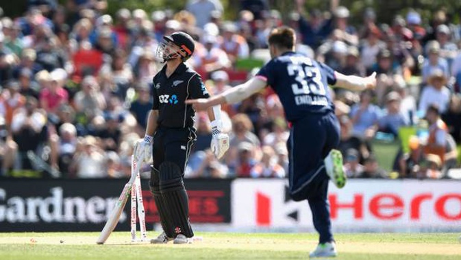 New Zealand batsman Kane Williamson reacts after playing on to Mark Wood. (Photo / Getty)