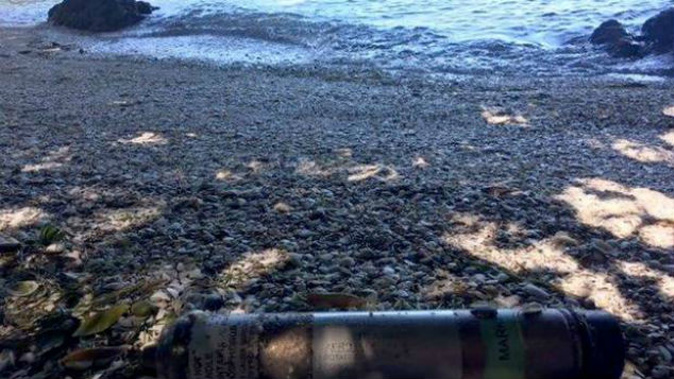 A canister apparently containing phosphorus has washed ashore at Shelly Bay, Bowentown (Photo: Supplied)