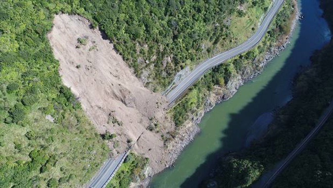 The initial slip which first closed the state highway through the Manawatu Gorge. The road was closed indefinitely by NZTA after several more slips. Photo / File