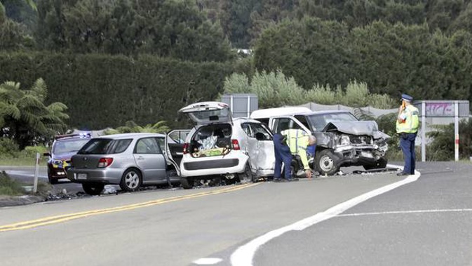 Three cars were involved in the crash on SH2 ear the intersection with Apata Station Rd. A 75-year-old woman remains critically injured. (Photo / Andrew Warner)