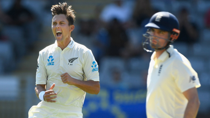 Trent Boult celebrates having Alastair Cook caught behind for just five runs. (Photo \ Getty Images)