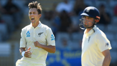 Trent Boult celebrates having Alastair Cook caught behind for just five runs. (Photo \ Getty Images)