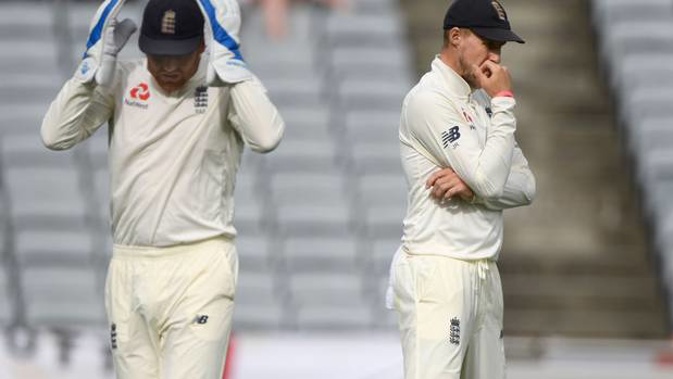 England wicketkeeper Jonny Bairstow and captain Joe Root react during day two. (Photo / Getty)