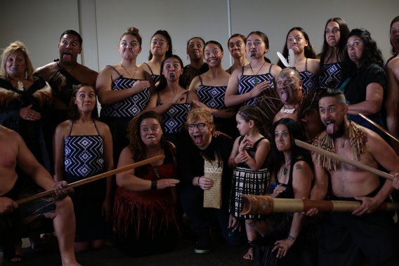 Ed Sheeran poses for photos after a powhiri he asked for as he had not faced one before. (Photo/ Supplied)