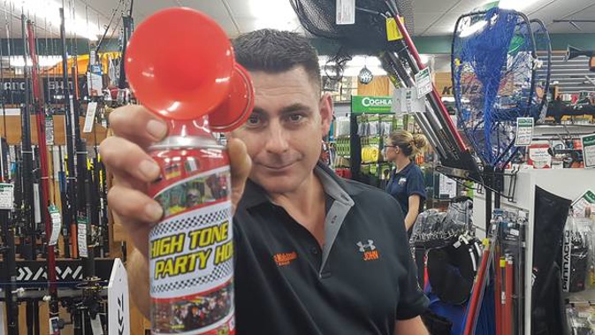 John Hunter, of Hunting and Fishing in Kaitaia, is selling air horns at a reduced price. Photo / Mike Dinsdale