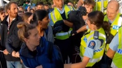 One protester was elbowed five times by a female police officer. (Photo / Newshub)