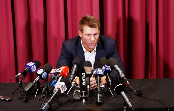 David Warner giving an emotional stand up to the press in a statement regarding the ball tampering scandal that has rocked Australian cricket. (Photo \ AP)