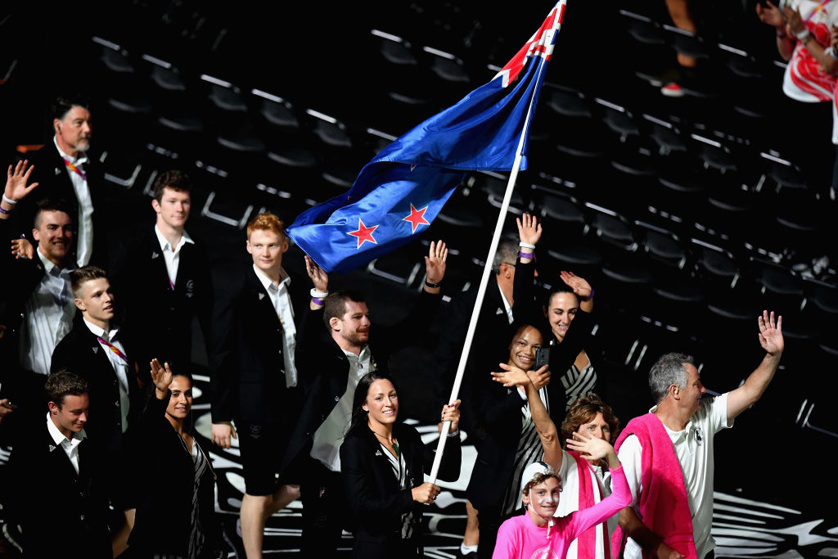 Sophie Pascoe, flag bearer of New Zealand arrives with the New Zealand team during the Opening Ceremony.