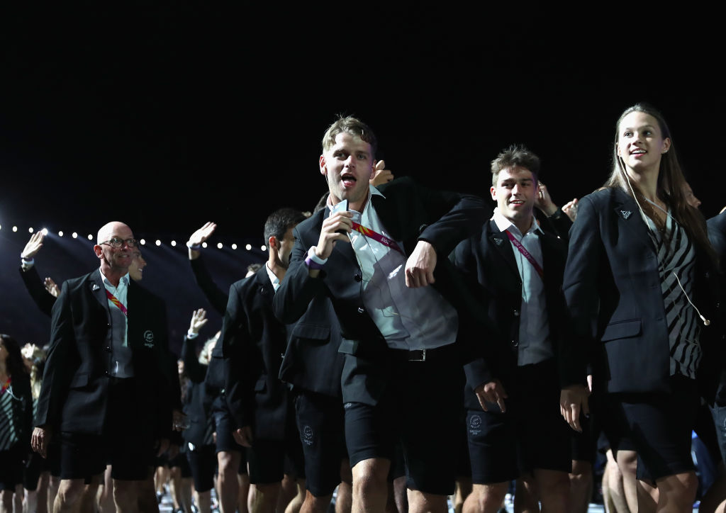 Members of the New Zealand team arrive during the Opening Ceremony.