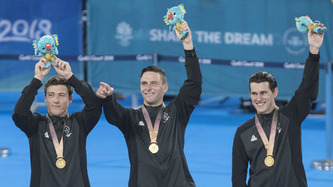 Team sprint pioneers Ethan Mitchell, Sam Webster and Eddie Dawkins defended their Comm Games title. (Photo / NZ Herald)