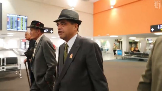 Maori King Tūheitia Paki with advisor Rangi Whakaruru at Auckland Airport. (Photo: NZ Herald)