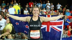 Julia Ratcliffe of New Zealand celebrates as she wins gold in the Women's Hammer throw final. (Photo / Getty Images)