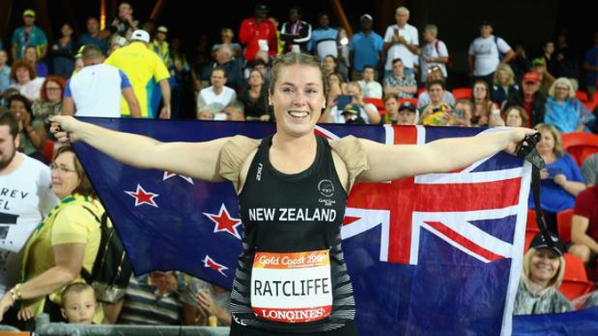 Julia Ratcliffe of New Zealand celebrates as she wins gold in the Women's Hammer throw final. (Photo / Getty Images)