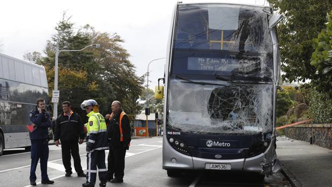 The bus collided with a power pole on Mt Eden Rd. (Photo / Dean Purcell)