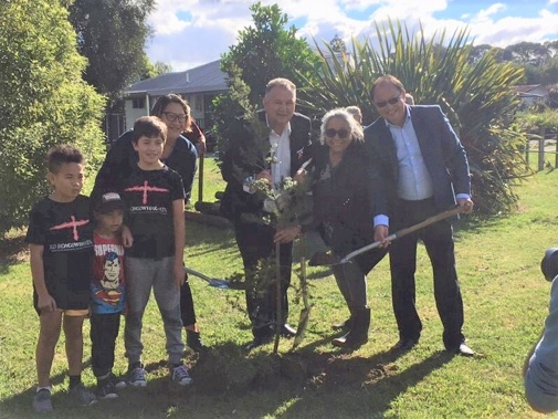 Shane Jones planted five native trees at the ceremony this afternoon. (Photo / Supplied)