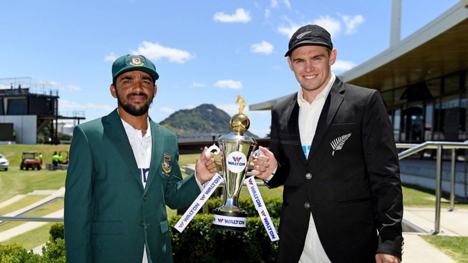 Captains Mominul Haque and Tom Latham at Bay Oval. Photosport