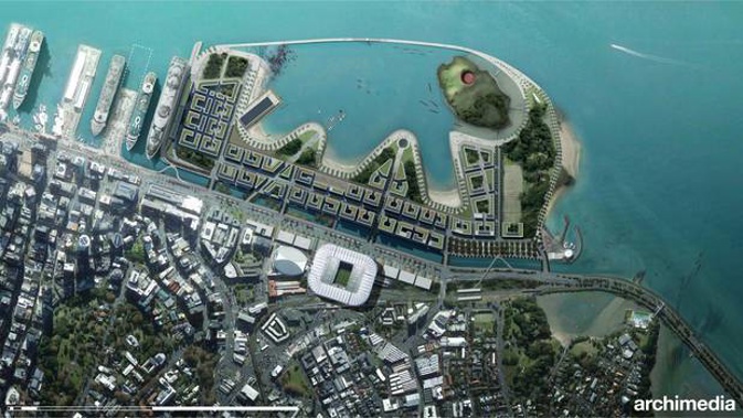 An aerial view of Waitemata Harbour showing the Auckland port area and redevelopment as proposed by Archimedia. (Picture / Supplied)