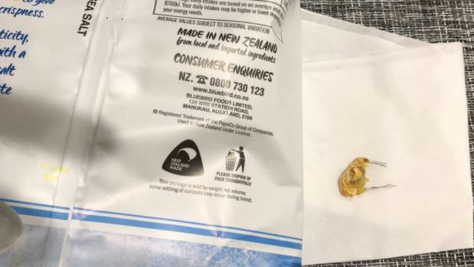Bluebird offered a $20 voucher as compensation after an Auckland man chomped on a piece of metal wire in a bag of their chips. (Photo / supplied)