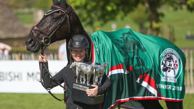 Jonelle Price celebrates her victory with Classic Moet at the Badminton Horse Trials. (Photo / Getty)