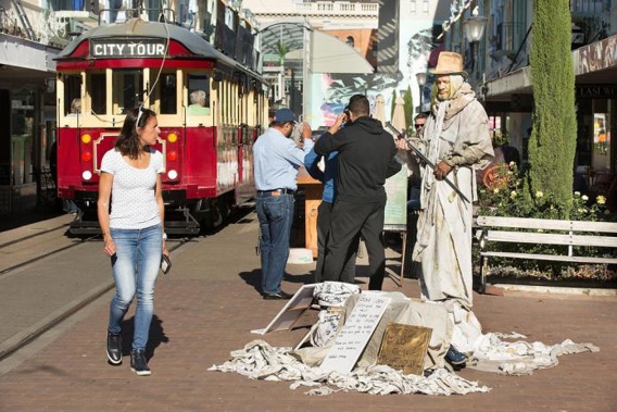 Christopher Ian Truscott has taken up busking in the central city, calling himself Statue Man. (Photo / Star.kiwi)