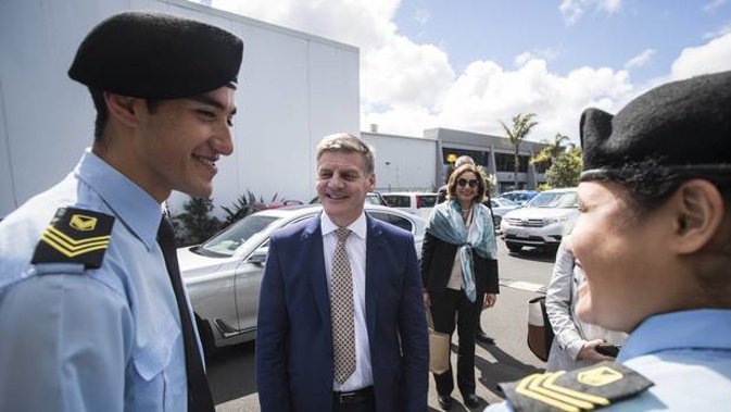 Vanguard Military School head prefects Don Mokoroa, left, and Victory Tupou welcomed then-Prime Minister Bill English and wife Dr Mary English to the school just before the 2017 election. (Photo / File )