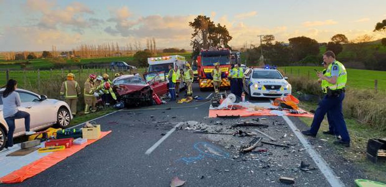 Nine people were injured in a two-car crash on Tahuna Rd in Hoe-O-Tainui at 3.47pm yesterday. (Photo / Philips Search & Rescue Trust)