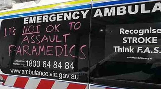 Two paramedics were kicked, punched and spat on by a patient in yet another drunken attack on Melbourne emergency workers. (Photo / FairGoParamedics / Twitter)