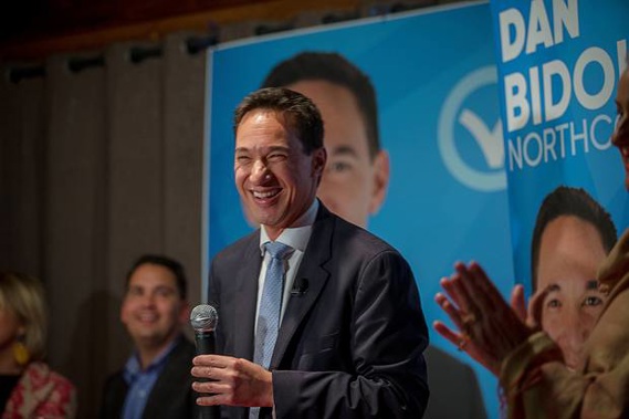Dan Bidois address supporters at the Northcote Rugby Club after winning the Northcote by-election last night. Photo / Chris Loufte