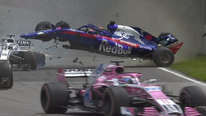 Brendon Hartley's Toro Rosso car flies through the air.