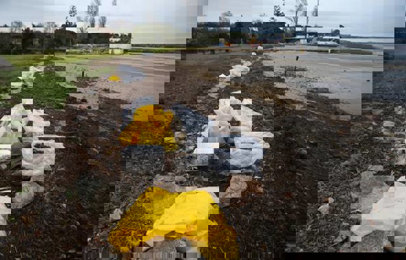 Bags of oil contaminated material line the beach on the Matapihi side of the rail bridge on Monday morning. (Photo / John Borren)