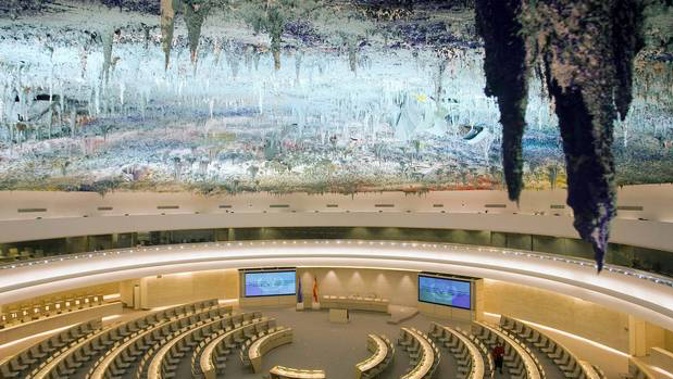 The Human Rights Room (Room XX) at the European headquarters of the United Nations in Geneva, Switzerland. The US has quit the UN's main human rights body. Photo / AP
