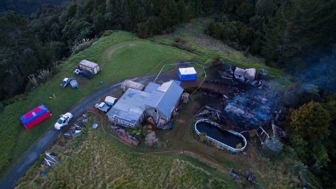 An aerial view of the burnt down house where Quinn Patterson shot dead two people during a property inspection. Photo/NZME
